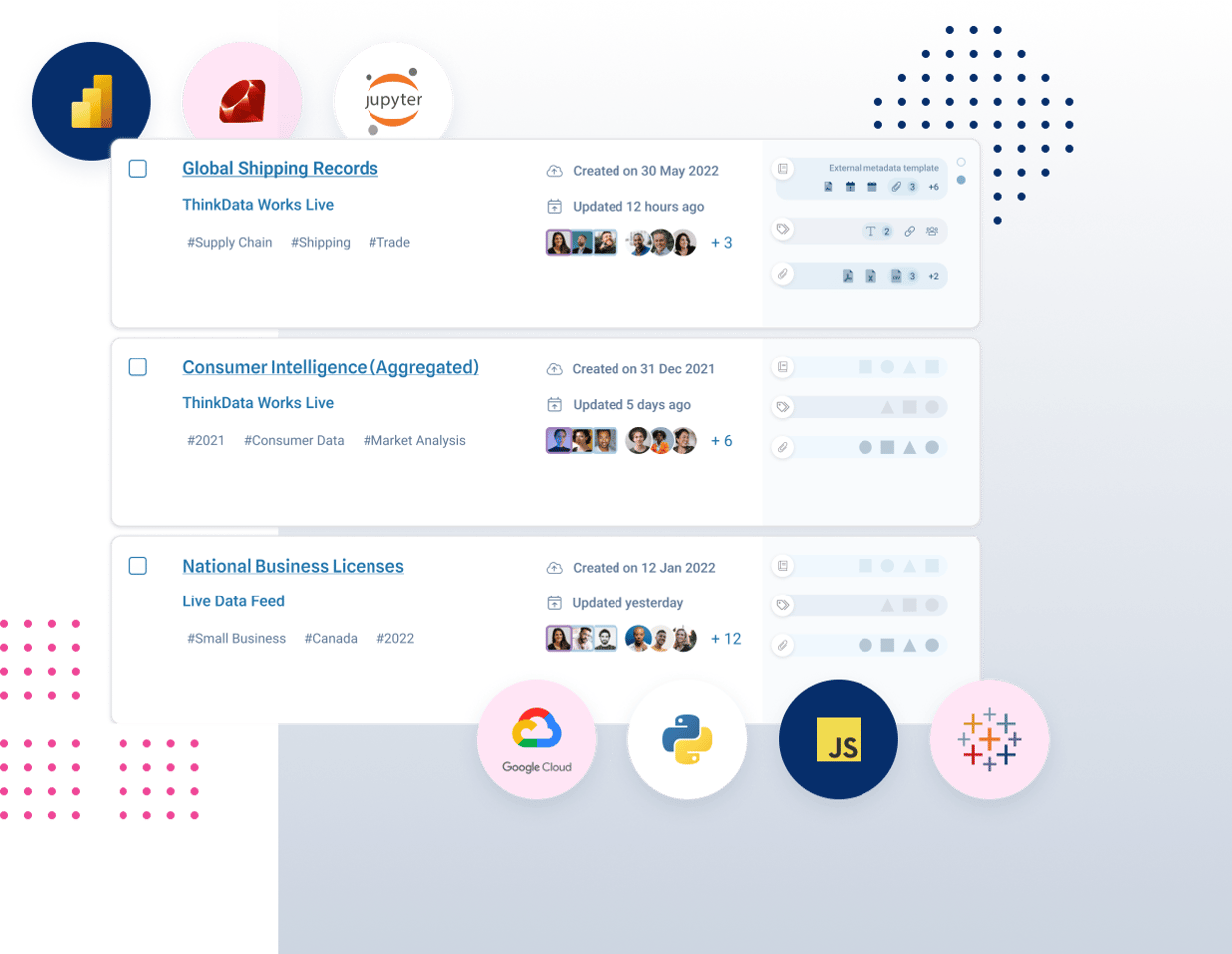 Screenshot of datasets on data catalog platform with direct integration icons