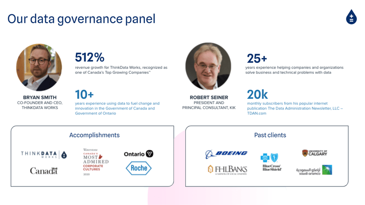 Our data governance panel with ThinkData Works CEO Bryan Smith and President of KIK Consulting, Robert Seiner.