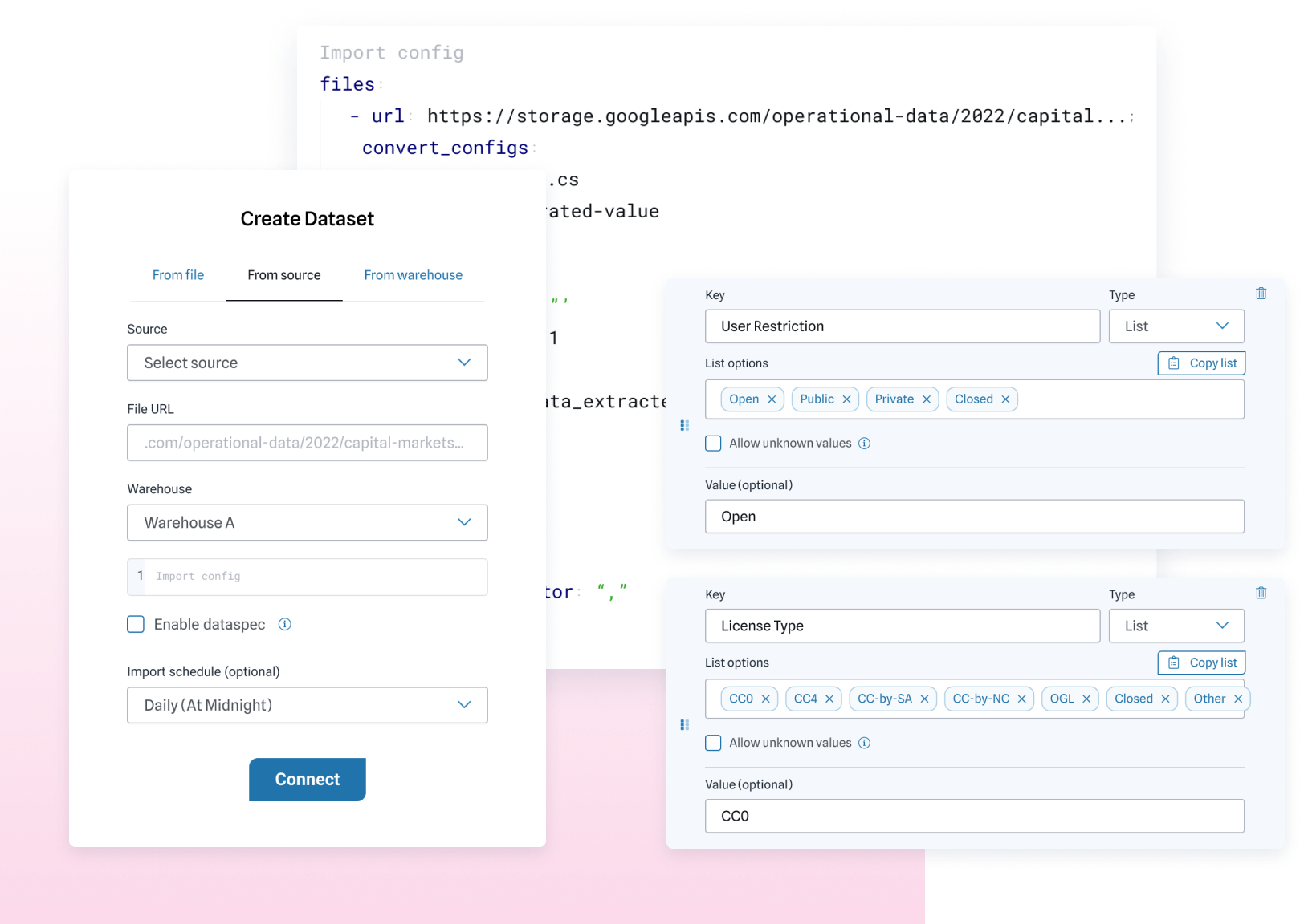 Screenshot of data imports from a warehouse and customizable metadata fields for user restrictions and licenses.