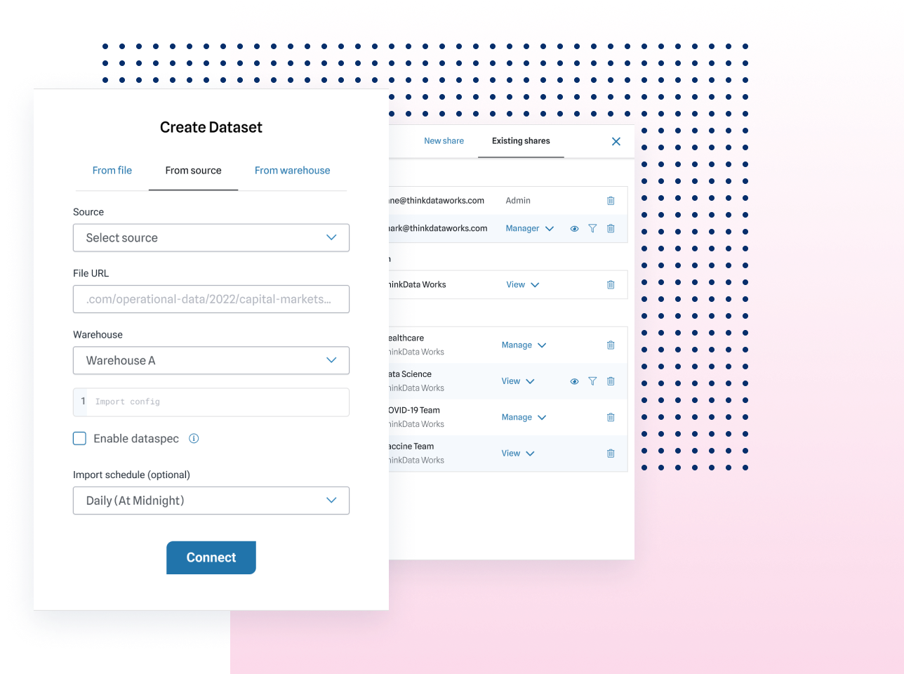 Screenshot of importing data from an external source and data sharing access.