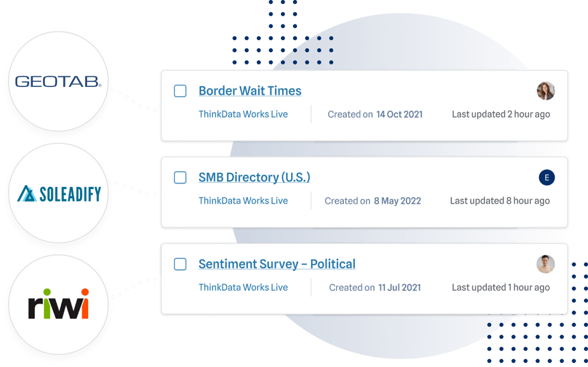 Graphic of custom data products from Geotab, Soleadify, and RIWI