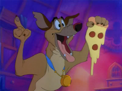 Charlie from All Dogs Go To Heaven holding a pizza slice