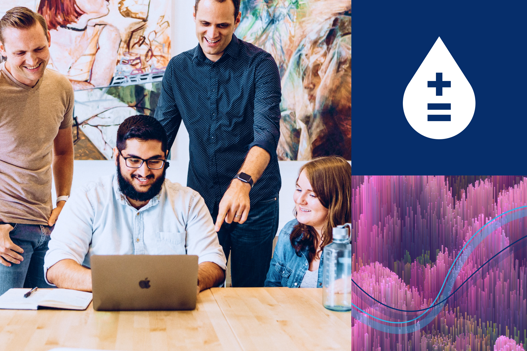 4 people around a laptop, abstract line graph, and the ThinkData Works logo 