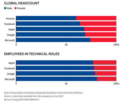 Graphs showing under-representation of females in technical roles