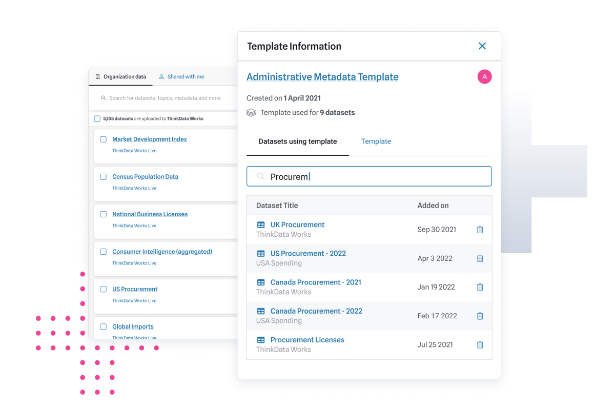 Screenshot of data catalog platform and data metadata templates search