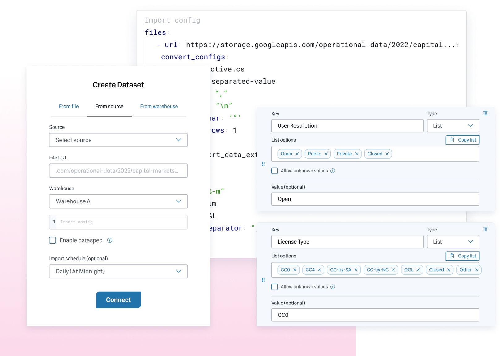 Screenshots of external data ingest with custom metadata