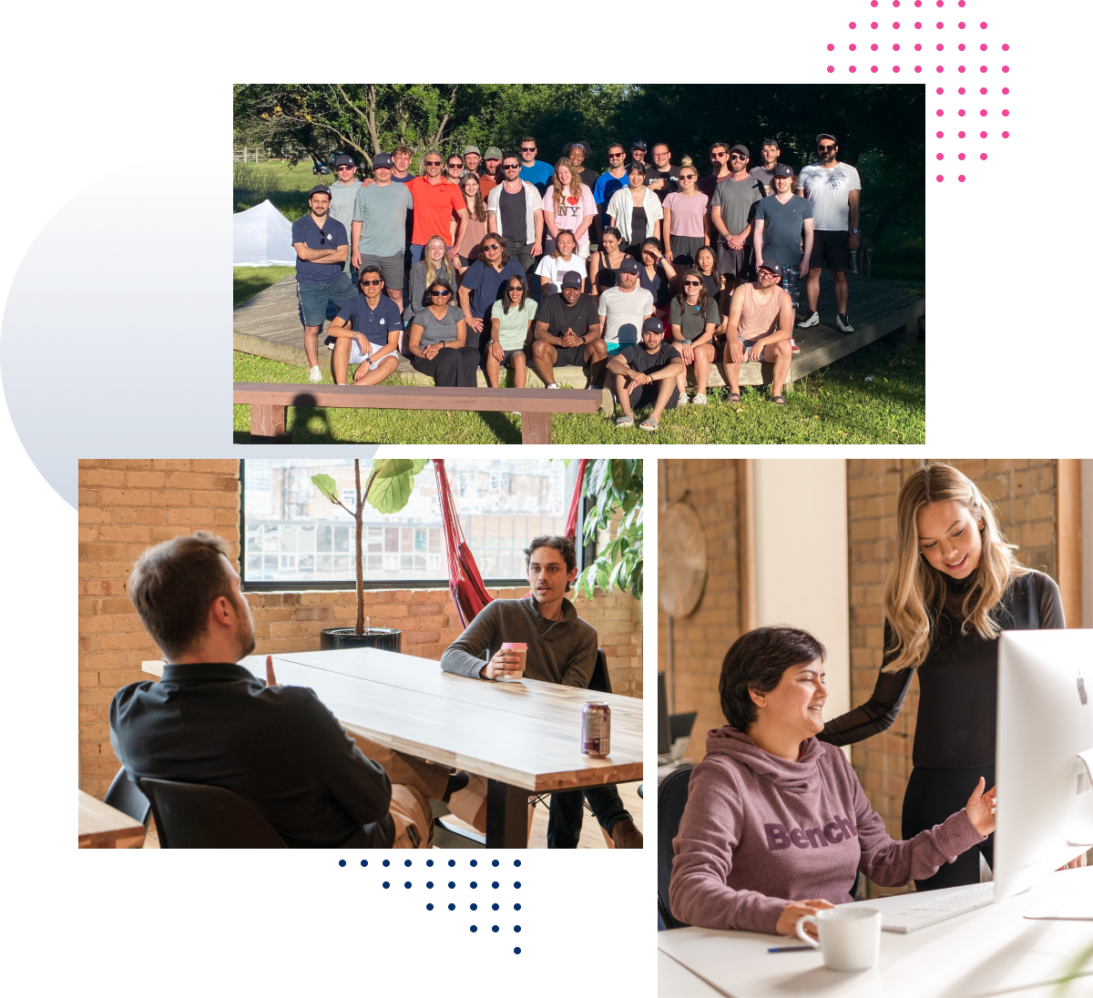 Photos of the ThinkData Works team in the office and at a company retreat